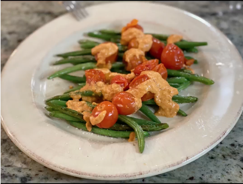 Blistered Green Beans with Tomato-Almond Pesto