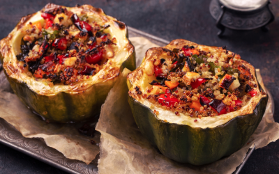 Greg’s Stuffed Acorn Squash with Quinoa, Cranberries, and Swiss Chard